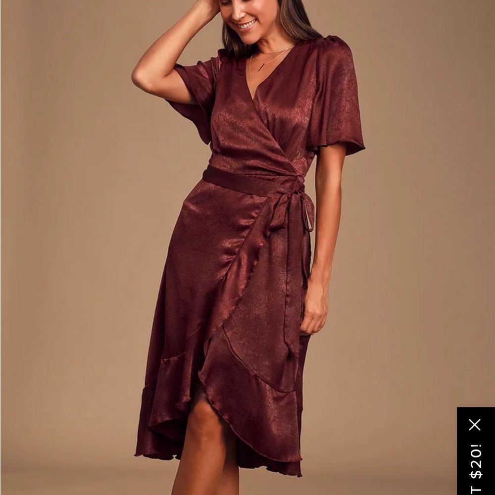 Lulu’s Wrapped Up In Love Burgundy Satin Faux-Wrap Midi Dress